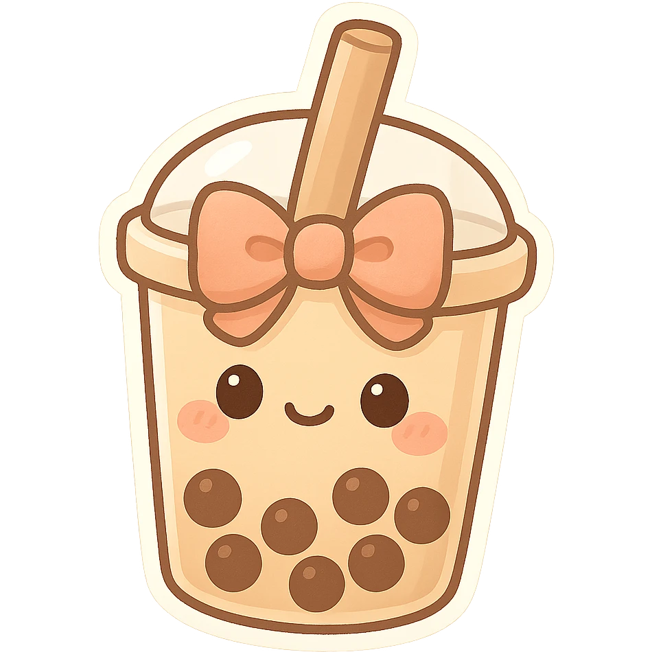 chibi sticker-style bubble tea with a big bow, cute and exaggerated emoji