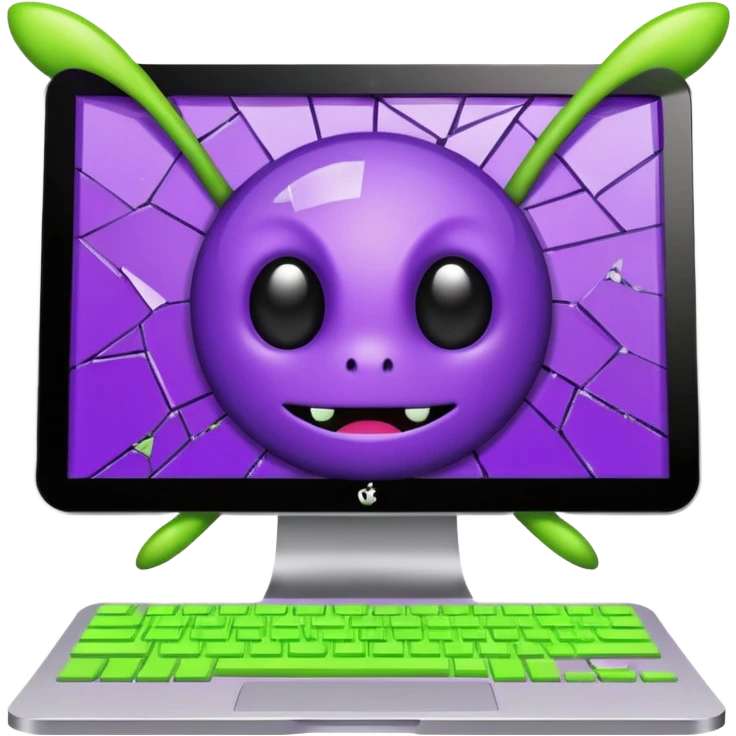 Broken computer screen with poxelated bugs. Color scheme is purple and limegreen emoji