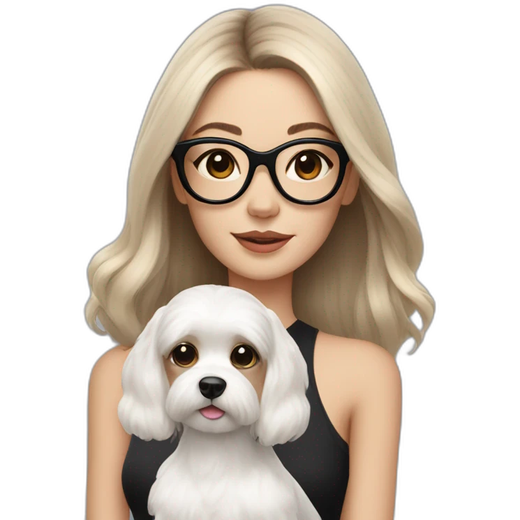 fashionable girl in large McQueen glasses, with shoulder-length brown hair and a white Maltese dog in her arms emoji