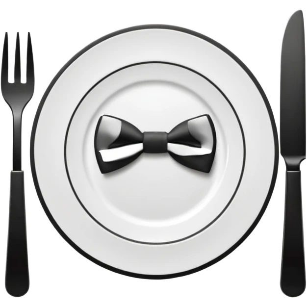 Minimalistic flat vector icon, iOS style, thin black contour on white background. Fork and knife crossed on a plate with a small bow tie above. Clean, no text, no shadows emoji