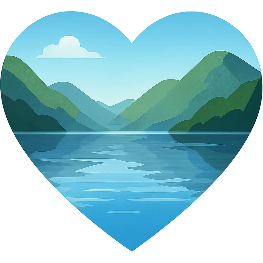heart with a mountain lake theme, clean digital illustration emoji