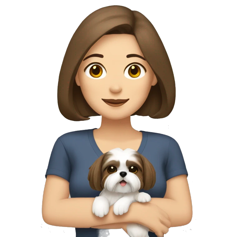 Brunette woman with chin length hair hugging two shih-tzu dogs emoji