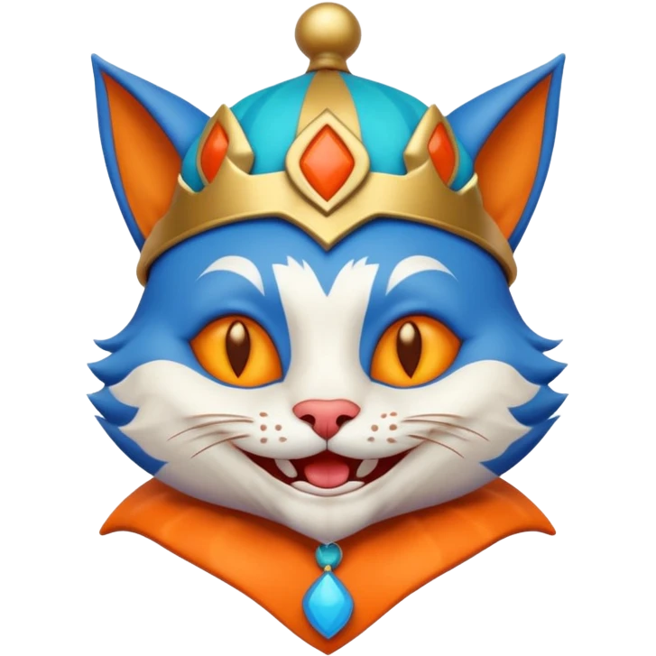 crazy colorful cute little cat jolly joker from poker, medieval, vintage, court jester, mac os icon, blue color emoji