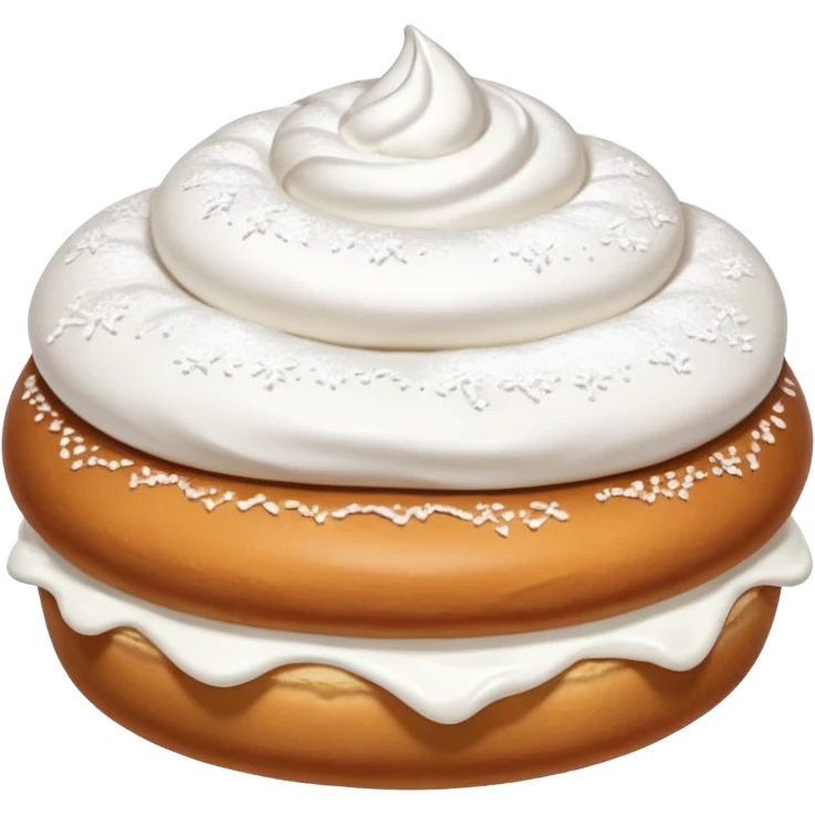 A bun with visible whipped cream in the middle beteween two bun halves and powdered sugar on top, no cream on top emoji