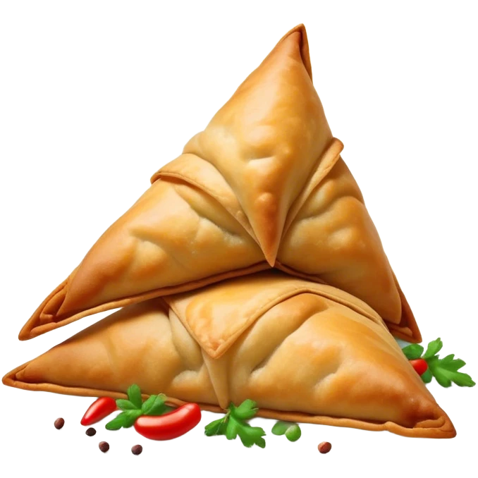 Samosa Cinematic Realistic Samosa Snack Emoji, depicted as a crispy, golden triangular pastry filled with spiced vegetables or meat, rendered with rich textures and vibrant, appetizing lighting. emoji