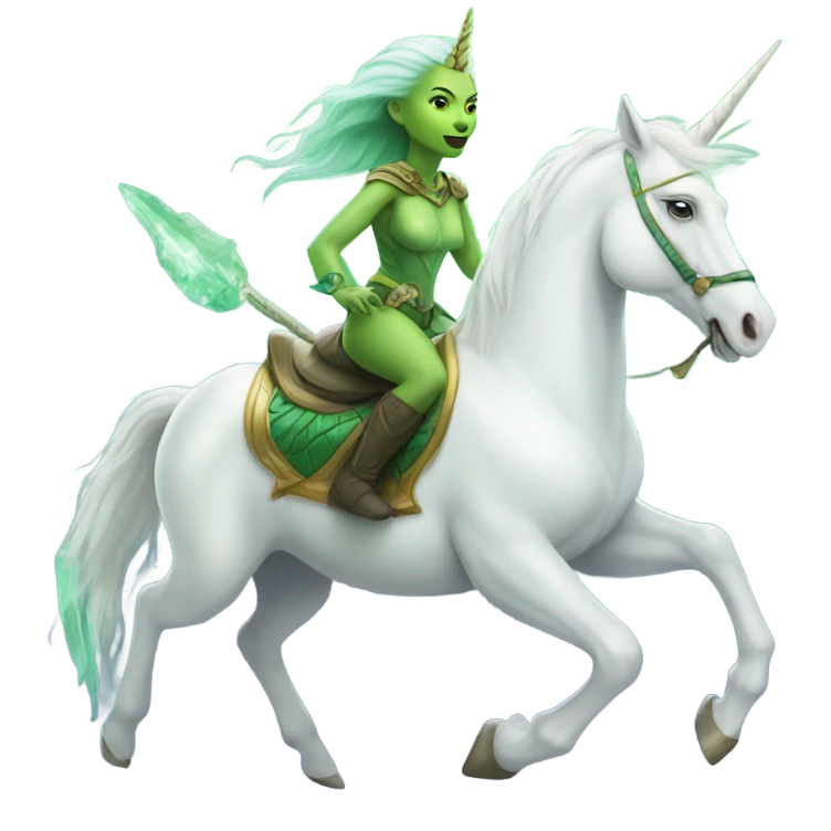 a green amazon alien woman on a white unicorn emoji