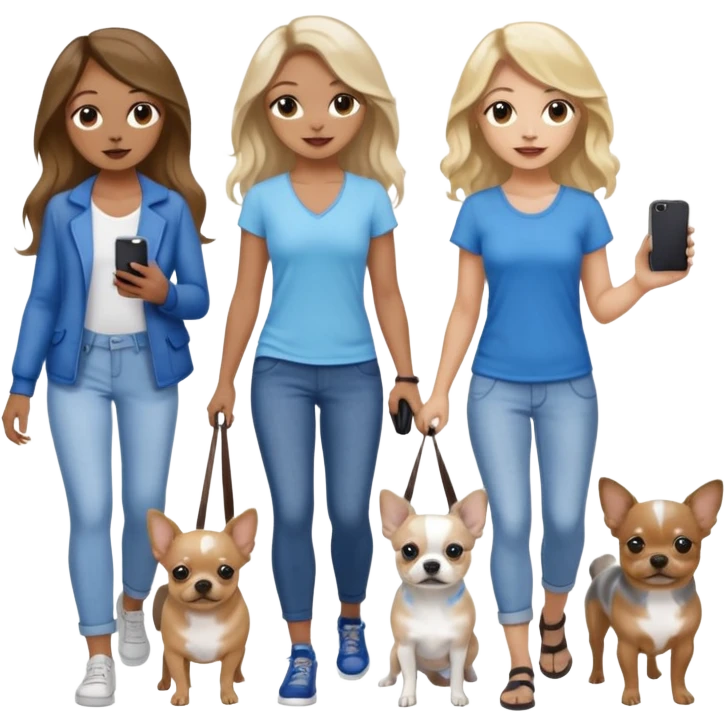 Three women in summer clothes holding iPhone, hazel eyed light skin with dark blonde long hair and light skin hazel eyed brown long wavy hair, blue eyed light skin long blonde hair walking 2 different dogs that are blue and gray spotted Merle Frenchie and one black and tan chihuahua  emoji