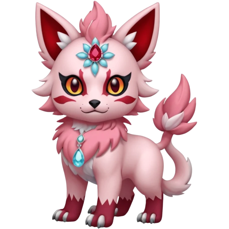 Floral pastel pink and ruby-jewelry-adorned Absol-Litten-Amaura-fusion-Fakemon-animal-creature  emoji