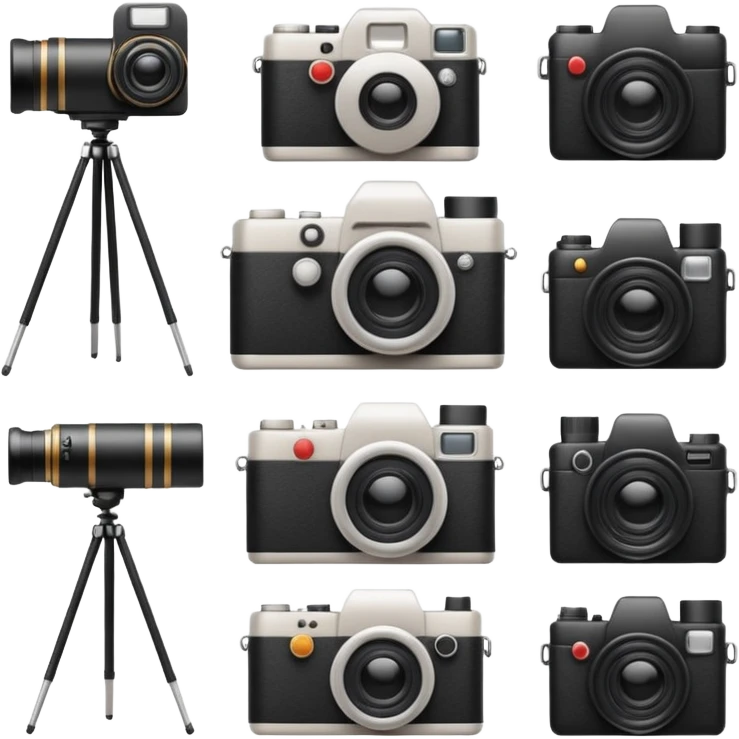 Создай набор стильных, модных и современных смайликов на тему фотографии, которые фотографы смогут добавлять в свои сторис. Смайлики должны быть минималистичными, эстетичными и отражать тему фотосъемки, оборудования и творчества emoji