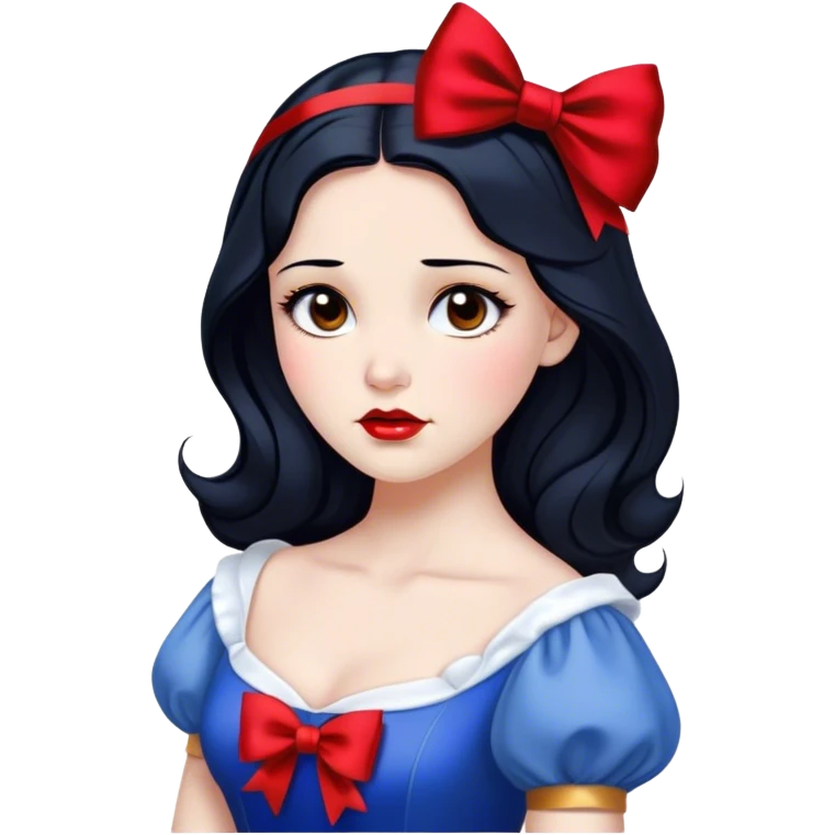 Cinematic Elegant Snow White Portrait Emoji, rendered in a realistic, vector-style with minimal shading and bold, simplified shapes. Depict Snow White (chest and above) with flawless porcelain skin, expressive deep brown eyes, and lustrous raven hair neatly styled with a red bow, wearing her classic blue and gold dress. The image glows with a soft, pure radiance and high shine, capturing timeless beauty and gentle grace. emoji