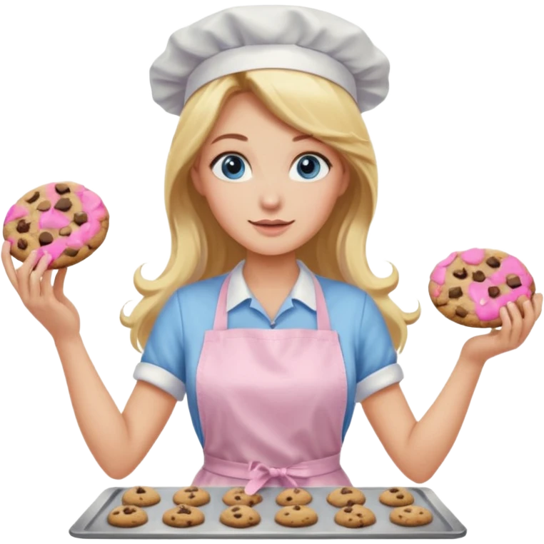 Blond long hair blue eye lady with a light pink apron making chocolate chip cookies emoji