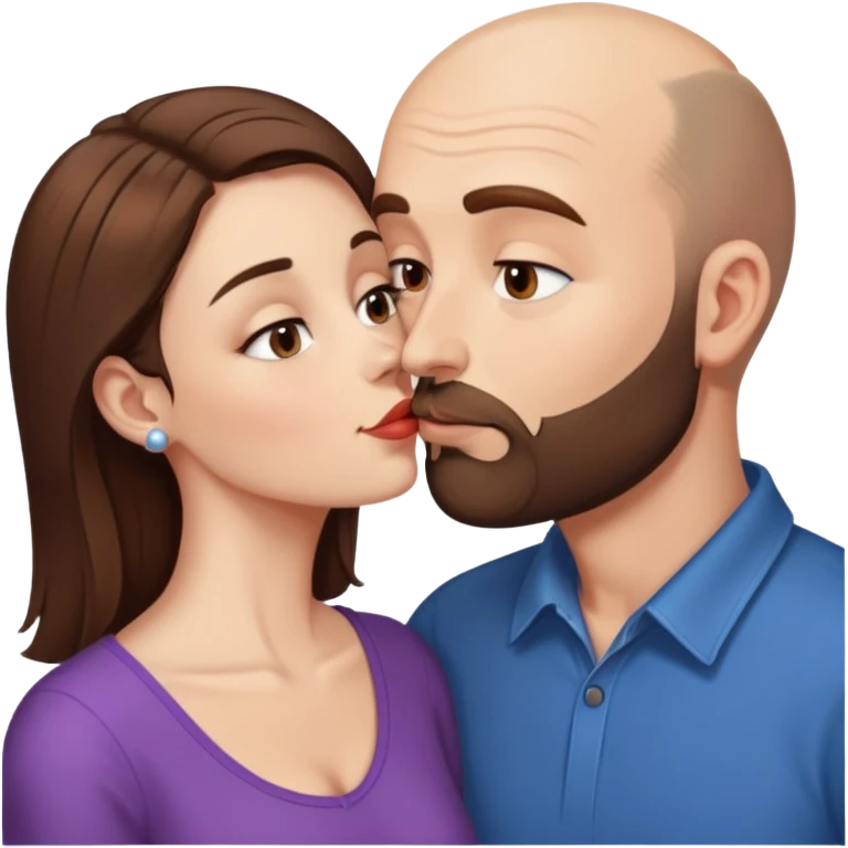 A balding man with brown hair and a short beard, kissing a much shorter thin brunette woman emoji