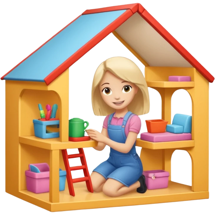 smiling girl arranging furniture in doll house emoji