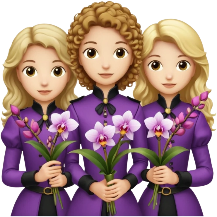 3 female musketeers, one with brown curly hair, one with straight blond hair, one with blond hair in pony tail, all holding orchids emoji