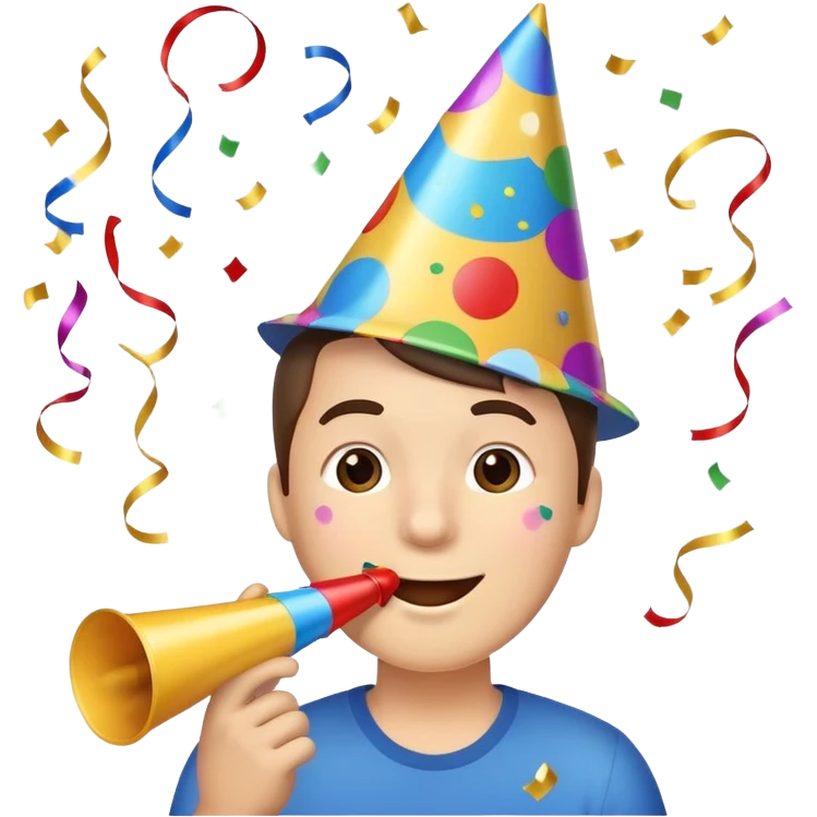 smiling face wearing a party hat, blowing a party horn, with confetti around emoji