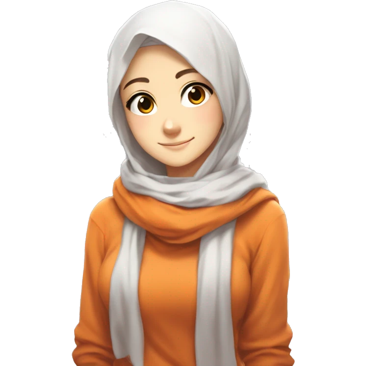 anime girl hijab sweet white skinned peanime female adventurer in orange sweater aangles right angle emoji
