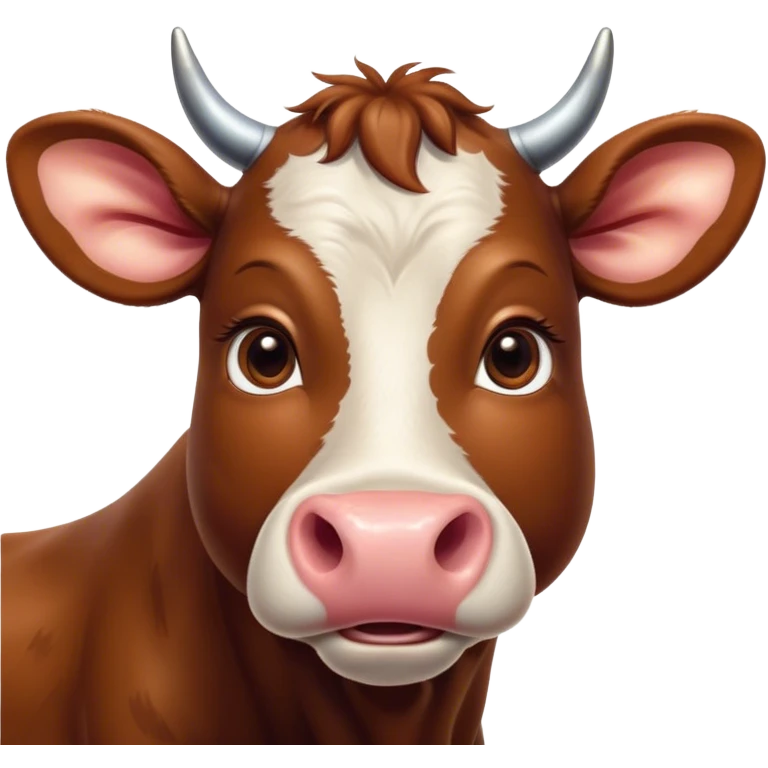 Cinematic Cute Brown Cow Portrait Emoji, Head tilted playfully and inquisitively, featuring a glossy, rich brown hide with a natural sheen, round, sparkling brown eyes filled with gentle curiosity, Simplified yet irresistibly adorable features, highly detailed, glowing with a warm, friendly glow, high shine, affectionate and serene, stylized with a touch of country charm, bright and endearing, soft glowing outline, capturing the essence of a mischievous yet loving cow, so playful it feels like it could moo out of the screen and into your arms! emoji