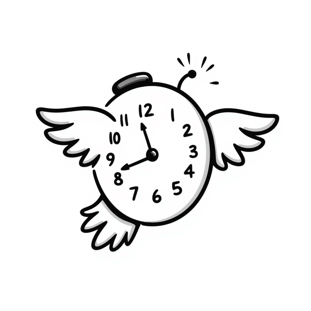 whimsical hand-drawn doodle of a clock with wings, notion style emoji