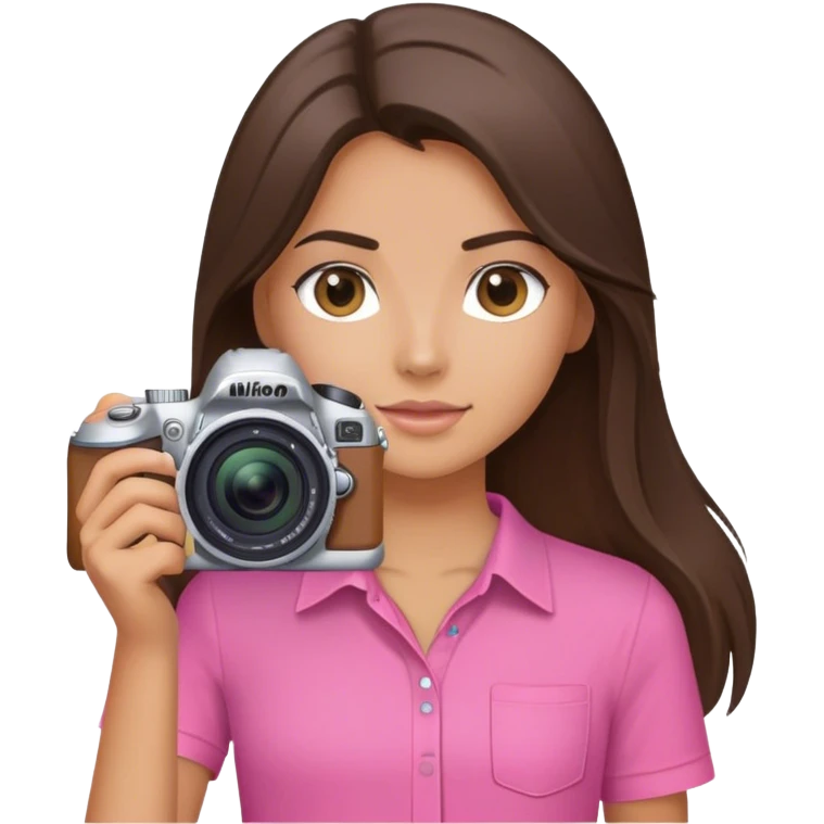 brunette girl long hair  tan skin holding nikon camera pink shirt emoji
