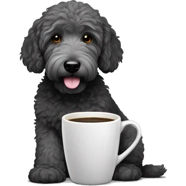 Black, gray ,  goldendoodle dog with coffee cup  emoji