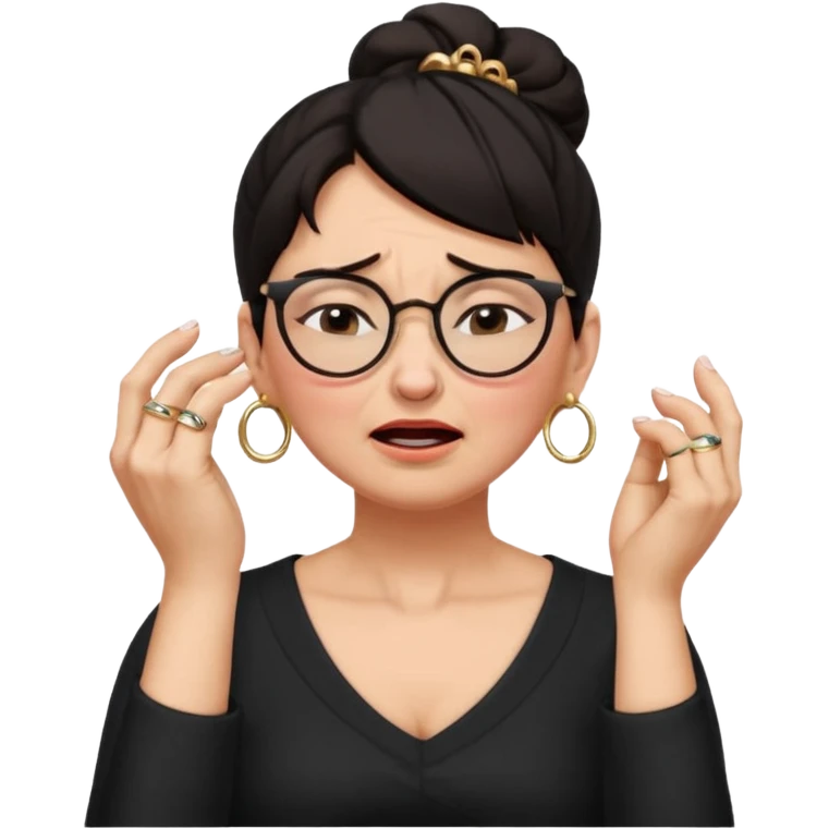  middle aged woman with dark hair pulled up in a high bun, wearing round ring earrings and glasses with a very painful expression on her face, eyes squeeed shut, wincing in pain, sticking her fingers in her ears trying to not hear a terrible singer who is too loud and out of tune.  emoji