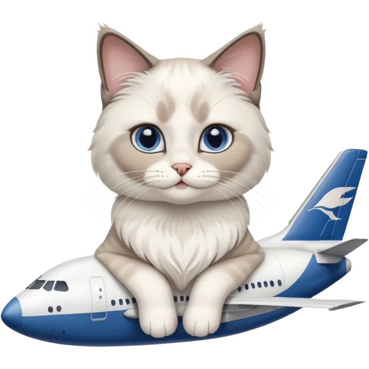 Cute ragdoll cat on an airplane. Should sit on top of the plane, cat is way bigger than airplane. Can you make the plane cooler like airbus a380 and the cat a bit happier? I liked the first and last pic out of these. Cat should be ragdoll with white and grey just like these emoji