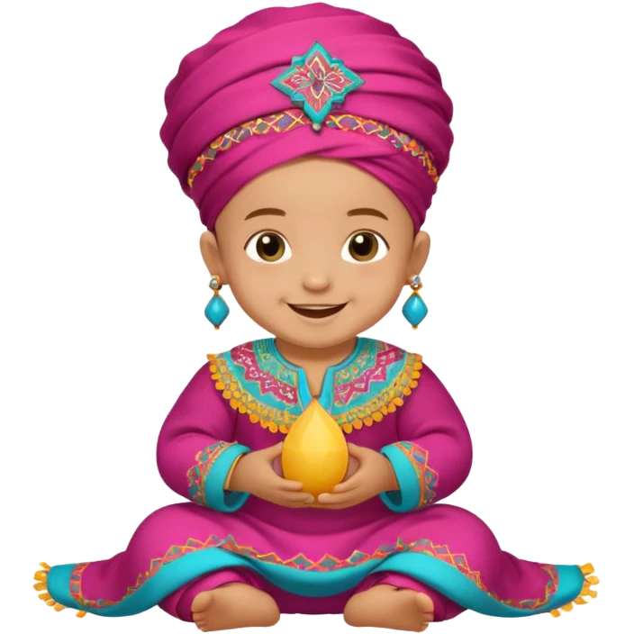  baby, dressed in colorful ghalibiya with delicate decorations, and a traditional Moroccan terbuka emoji