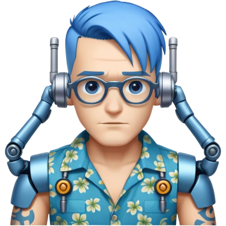 Franky with blue hair, metal nose, Hawaiian shirt, robotic arms emoji