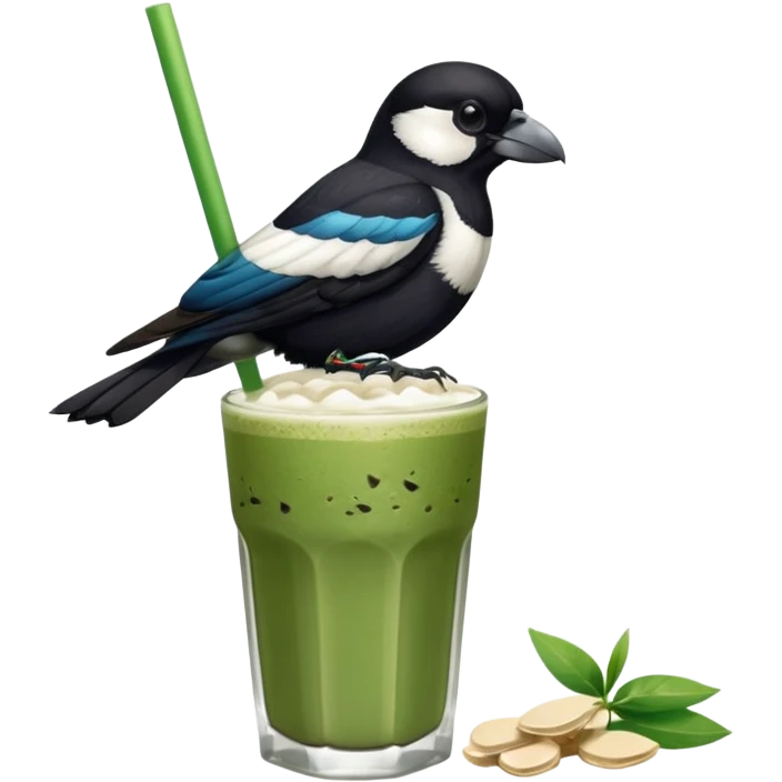 It’s an Australien Magpie sitting on an iced matcha latte on the edge of the glass. It has green matcha on its beak indicating it drank. The iced matxha latte is in a see through glass and white from the oat milk on the bottom and green on top…and there is a straw in the drink and ice cubes emoji