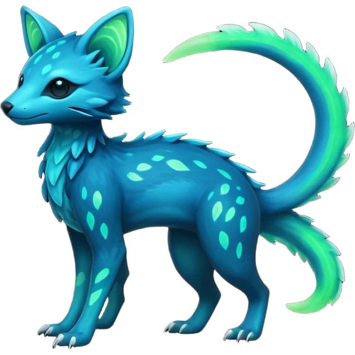 Rare realistic dark-neon glowing bioluminescent edgy badass epic pretty beautiful handsome gorgeous aesthetic colorful vibrant Vernid-Trico-species-Fakemon-creature by LiLaiRa, 4 legs, 1 tail, random markings, (full body) emoji
