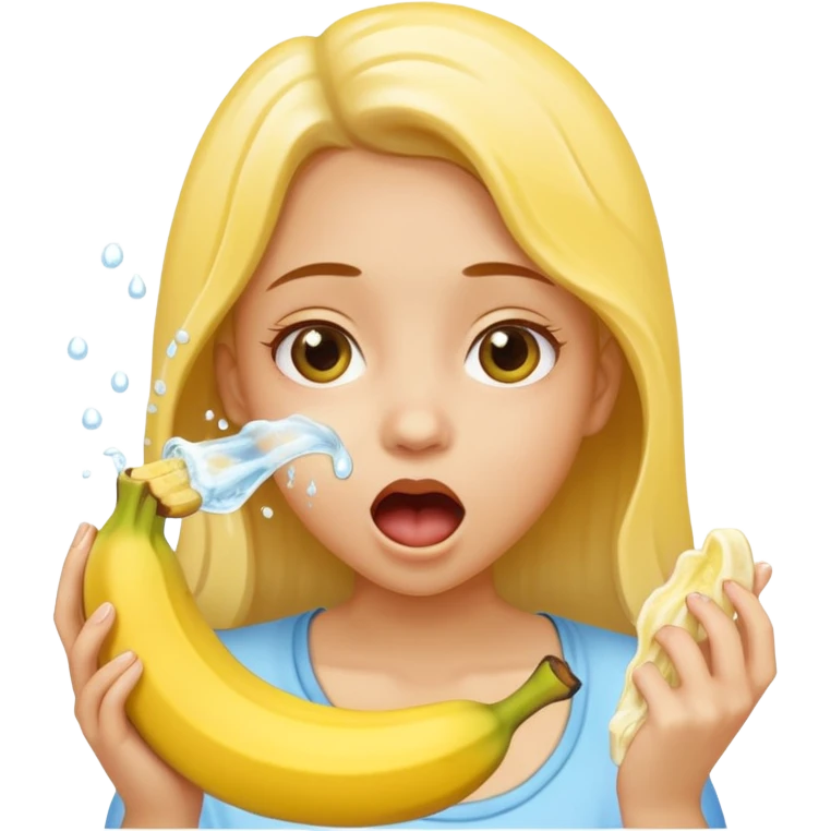 a girl rinsing mouth with pale yellow water coming out from a banana emoji
