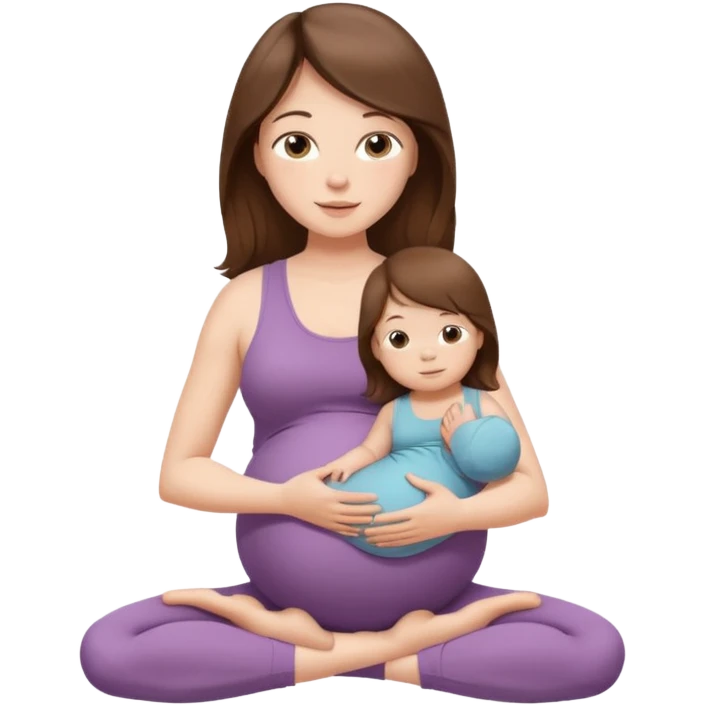 "Pregnant woman sitting in a yoga pose with long brown hair and fair skin, holding a baby with short brown hair and fair skin." emoji