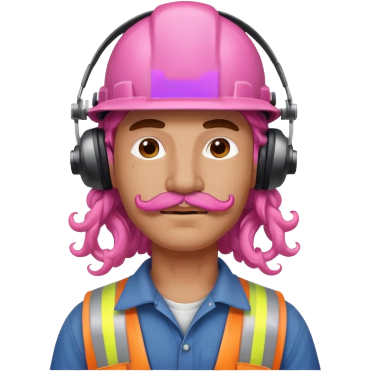 construction worker with pink long curly hair and protective headphones and mustache emoji