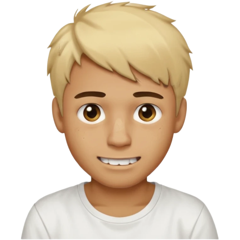 Male with short, messy blonde hair, large expressive golden-brown eyes, brown skin, scar over nose, crooked smile showing slightly damaged teeth, wearing a plain white t-shirt. emoji