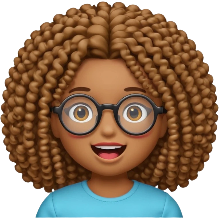 gere um boneco emoji da pele parda com o cabelo cacheado e meio grande, com olhos pretos e um óculos redondo, e também com a boca aberta mostrando os dentes emoji
