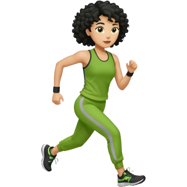 a woman with olive skin tone and curly black hair wearing green and jogging emoji