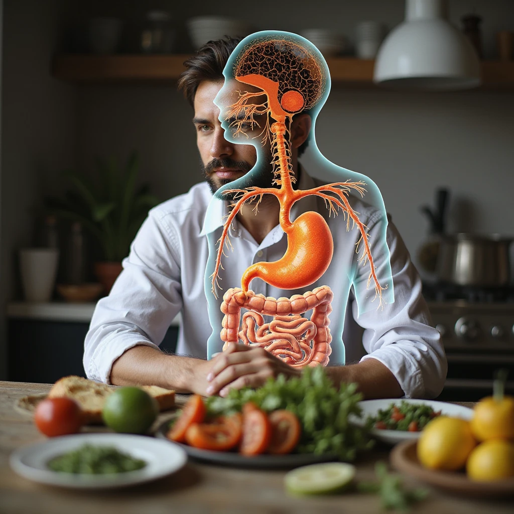 Italian man sitting at table with healthy foods, anatomical overlay showing digestive system and nutrient assimilation process, realistic style, vertical 9:16 aspect ratio emoji