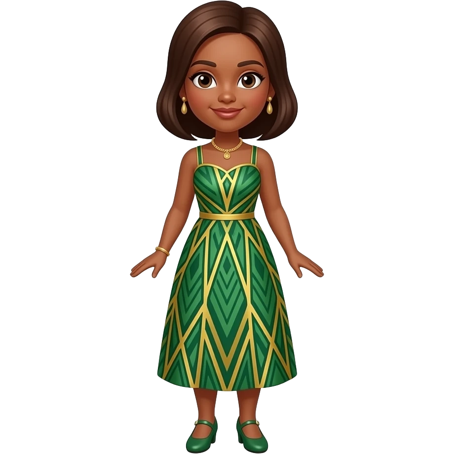 Anime female brown skin green and gold lines dress green shoes brown hair emoji