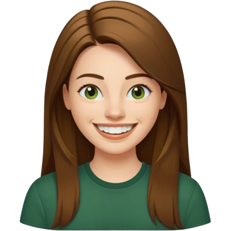 30 yr Caucasian woman long brown straight hair parted on side dark green shirt big smile white teeth emoji