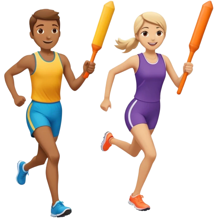 No that looks like a sword fight.  Make two people in a relay race with one large bright baton passing it from one person to the next while running and smiling. One needs to be running behind the other in the same direction. Better now one baton being handed of.  Nope  emoji