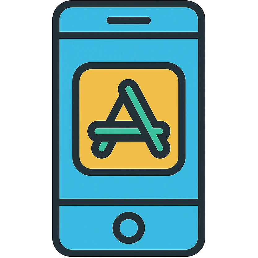 Flat design icon for 'Mobile App' depicting a smartphone outline with an app icon or app store logo, keeping the style professional and approachable. emoji
