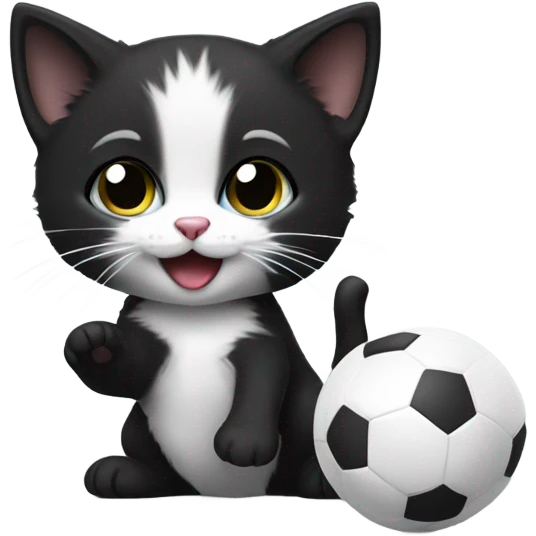 Silly black and whit kitty with a toy emoji