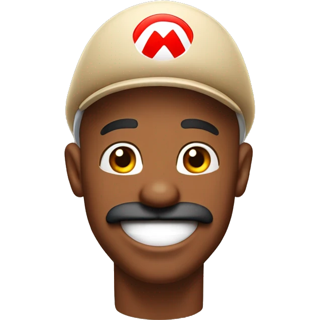 Brown skinned bald man wearing a Super Mario style hat with a mustache goatee combo laughing  emoji