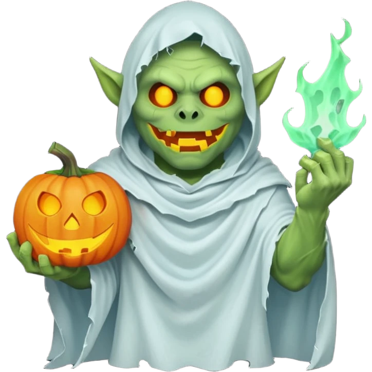 male orc ghost emoji, green skin, tusks, wearing torn white ghost sheet costume, holding glowing jack-o'-lantern, faint blue aura, friendly but spooky expression, Halloween fantasy theme, Apple emoji style, clean white background, square emoji