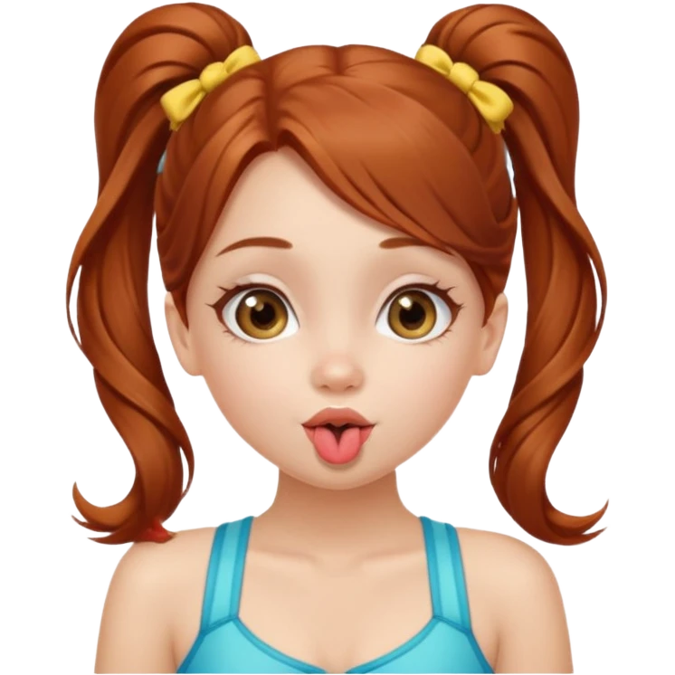 A cute ukrainian girl, with long auburn hair two side ponytails, in a bathing costume, she's blowing a kiss. emoji