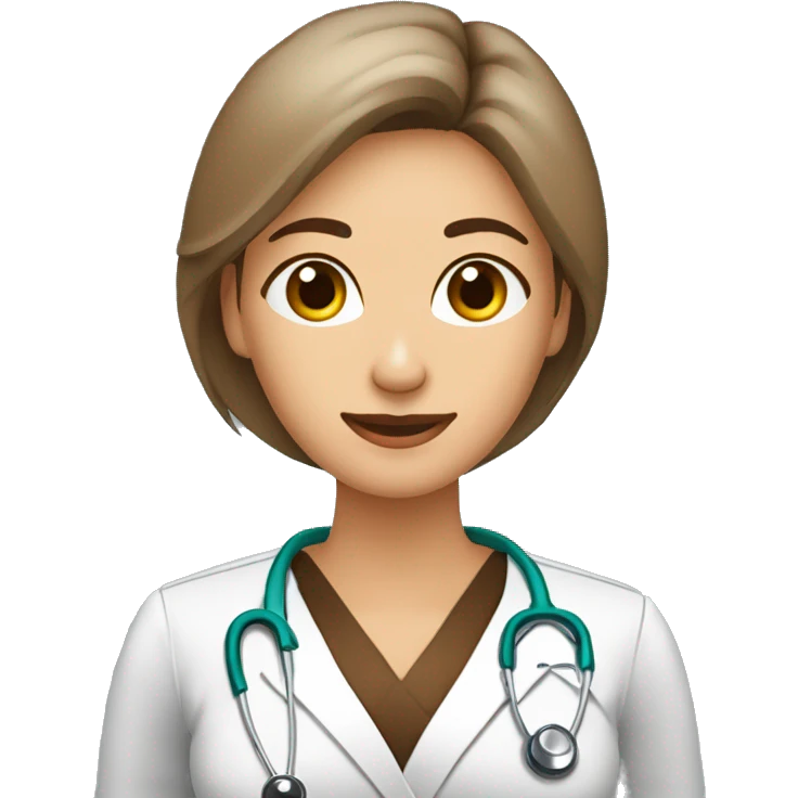 mujer medico de pelo marron y largo. Con ojos marrones. con la palma de la mano hacia arriba y el brazo levantado. emoji