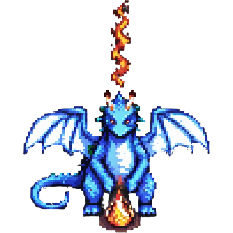 pixel art dragon with tiny wings, breathing a small flame emoji