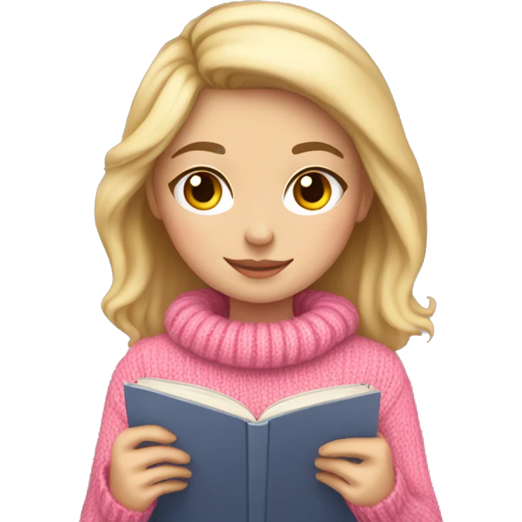 Pretty white girl with pink sweater reading cozy emoji