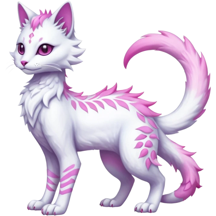 Kawaii white iridescent beautiful pretty elegant divine edgy fantasy feline-vernid-fionbri-sergal-fursona animal creature with a tufted tail full body with intricate markings  emoji
