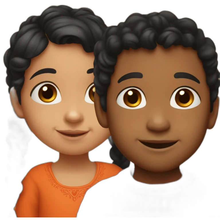 smiling 3 years old indian girl with black curly hair in pigtails wearing a orange dress with a smiling 3 years old indian boy with black hair wearing a dark red sweater emoji